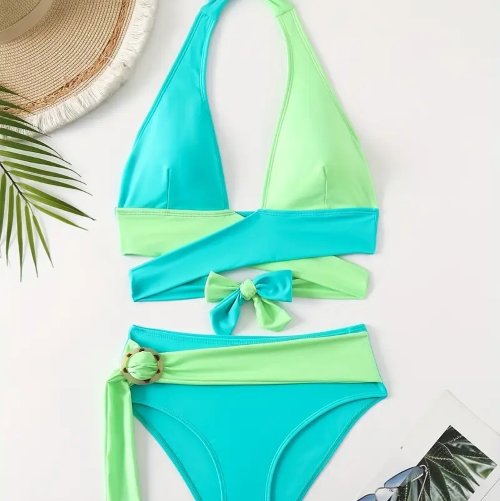 Swim. Vibrant Green and Blue Bikini Set. Neon Colors, Tick-tock Brand, XL Ladies